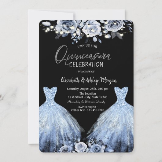 Invitation Parties scintillant Robe Fleurs Bleues (Devant)