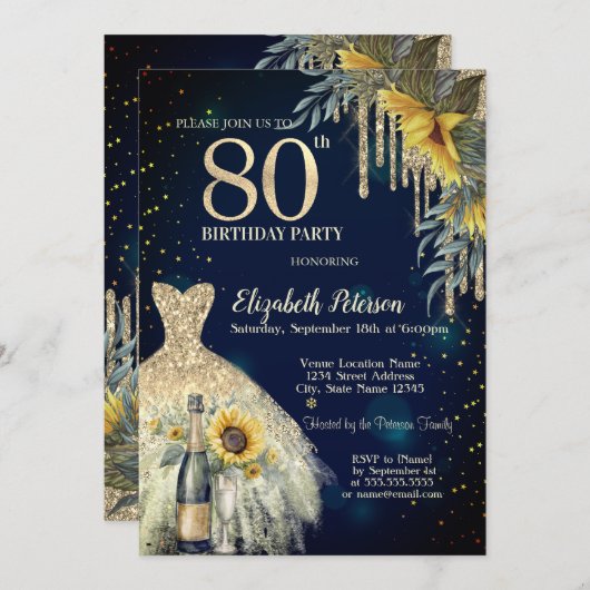 Invitation Parties scintillant, Robe, Fleurs de soleil Bleu 8 (Devant / Derrière)