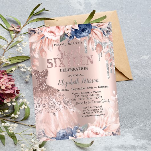 Invitation Parties scintillant, Robe, Fleurs Rose Or Sweet 16