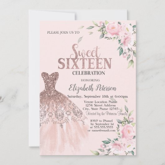 Invitation Parties scintillant, Robe, Fleurs Rose Sweet 16 (Devant)