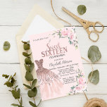 Invitation Parties scintillant, Robe, Fleurs Rose Sweet 16<br><div class="desc">Elégante robe rose or,  et fleurs roses sur un arrière - plan rose.</div>