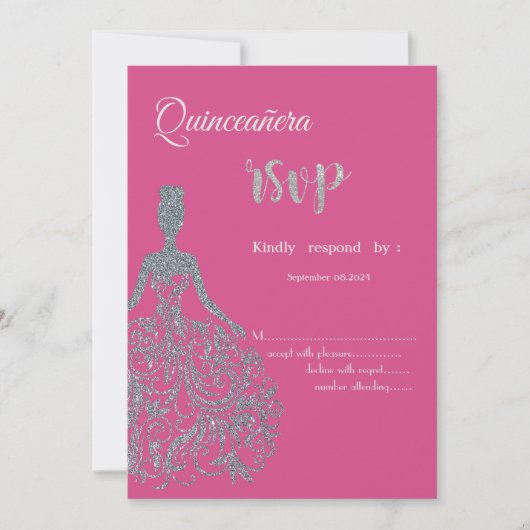 Invitation Parties scintillant Robe Fuschia Quinceanera RSVP  (Devant)