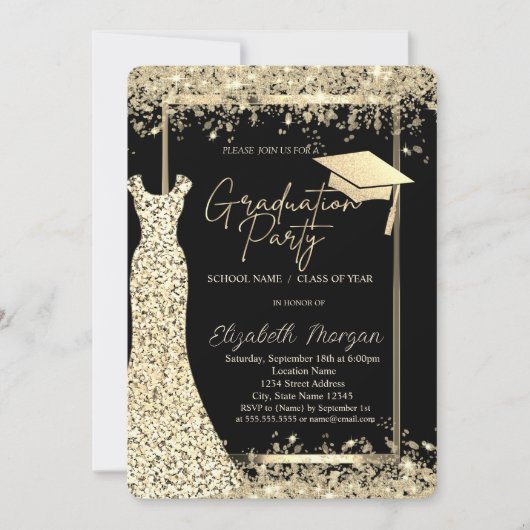 Invitation Parties scintillant Robe Gold Confetti Graduation (Devant)