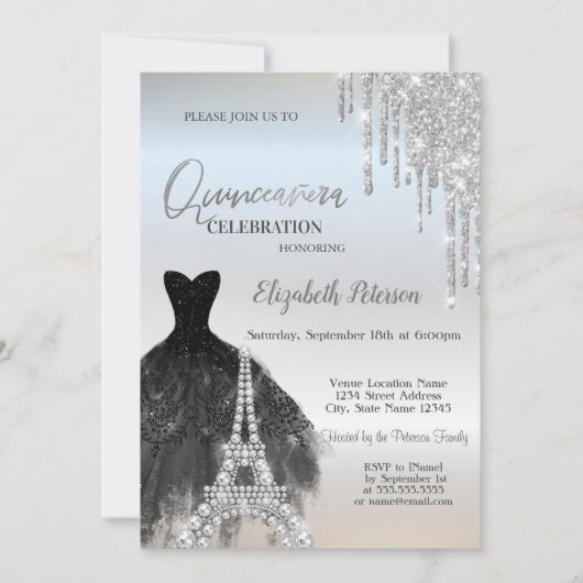 Invitation Parties scintillant, Robe Noire, Eiffel Quinceañer (Devant)
