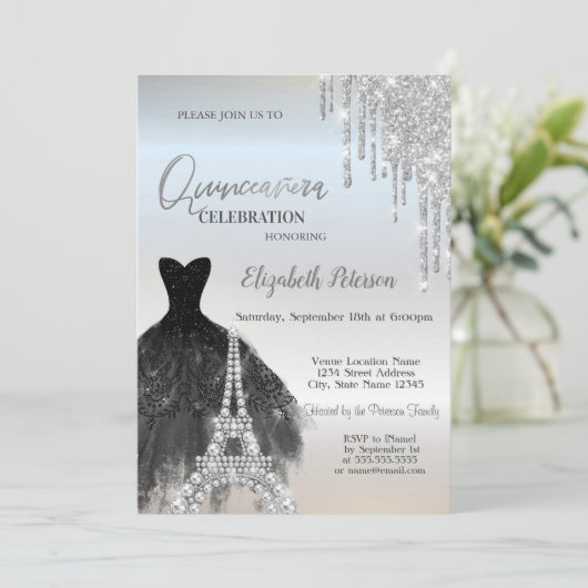 Invitation Parties scintillant, Robe Noire, Eiffel Quinceañer (Debout devant)