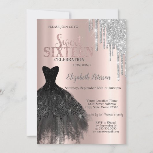 Invitation Parties scintillant, Robe noire Rose Or Sweet 16 (Devant)