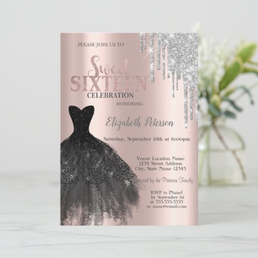 Invitation Parties scintillant, Robe noire Rose Or Sweet 16 (Debout devant)