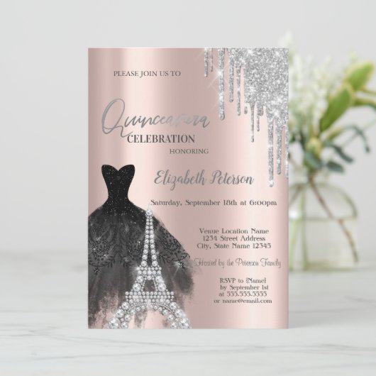 Invitation Parties scintillant, Robe Noire, Tour Eiffel Quinc (Debout devant)