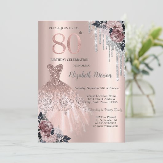 Invitation Parties scintillant, Robe, Rose Rose Or 80e annive (Debout devant)