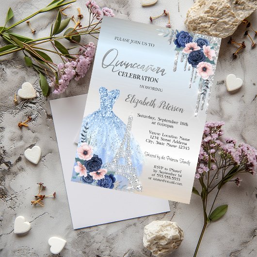 Invitation Parties scintillant, Robe, Roses bleus Quinceañera