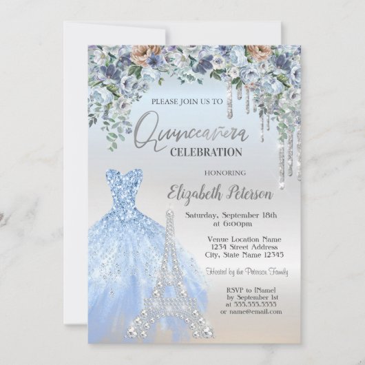Invitation Parties scintillant, Robe, Tour Eiffel Fleurs Bleu (Devant)