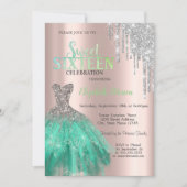 Invitation Parties scintillant, Robe Verte Rose Or Sweet 16 (Devant)