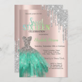 Invitation Parties scintillant, Robe Verte Rose Or Sweet 16 (Devant / Derrière)