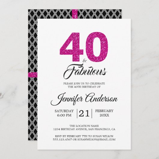 Invitation Parties scintillant rose 40 et fabuleux| 40e anniv (Devant / Derrière)