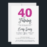 Invitation Parties scintillant rose 40 et fabuleux | 40e fête<br><div class="desc">Une invitation photo chic, élégante, 40e anniversaire que vous pouvez personnaliser et envoyer pour votre fête de quarantième anniversaire. Les mots "40 and Fabulous" en parties scintillant noire et rose chaud sont mis en utilisant une calligraphie élégante et la typographie moderne. Conçu exclusivement pour vous par Happy Dolphin Studio !...</div>