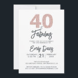 Invitation Parties scintillant rose 40 et fabuleux | 40e fête<br><div class="desc">Une invitation photo chic, élégante, 40e anniversaire que vous pouvez personnaliser et envoyer pour votre fête de quarantième anniversaire. Les mots "40 and Fabulous" en parties scintillant noire et rose roux sont mis en utilisant une calligraphie élégante et la typographie moderne. Conçu exclusivement pour vous par Happy Dolphin Studio !...</div>