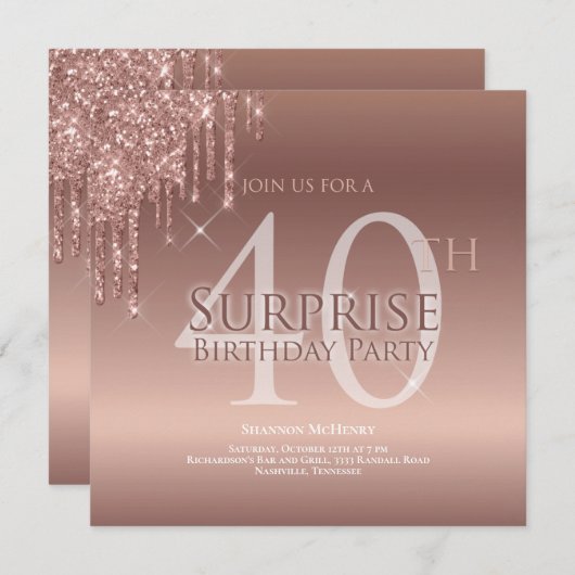 Invitation Parties scintillant rose 40e Anniversaire surprise (Devant / Derrière)