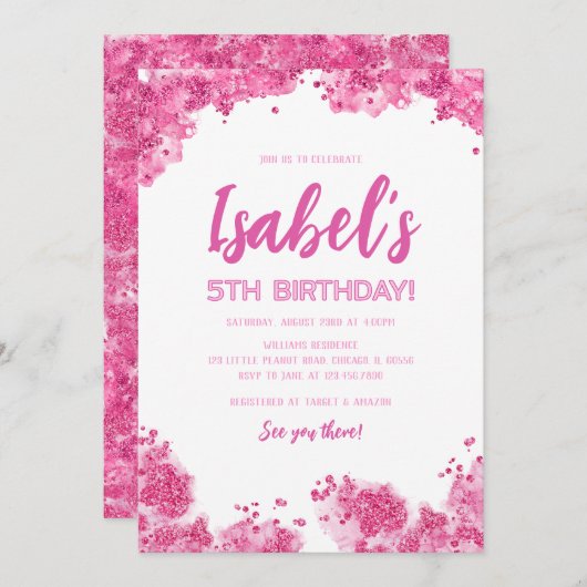 Invitation Parties scintillant rose Anniversaire (Devant / Derrière)