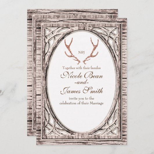 Invitation Parties scintillant rose Antlers rustiques Invitat (Devant / Derrière)