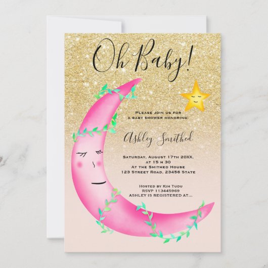 Invitation Parties scintillant rose aquarelle étoiles lune ba (Devant)