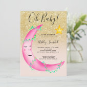 Invitation Parties scintillant rose aquarelle étoiles lune ba (Debout devant)