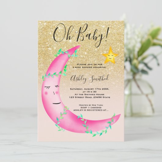 Invitation Parties scintillant rose aquarelle étoiles lune ba (Debout devant)