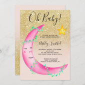 Invitation Parties scintillant rose aquarelle étoiles lune ba (Devant / Derrière)