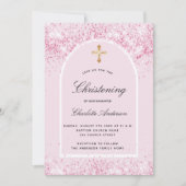 Invitation Parties scintillant rose arche fille or croix Chri (Devant)