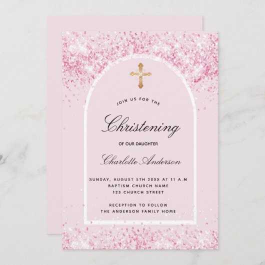 Invitation Parties scintillant rose arche fille or croix Chri (Devant / Derrière)