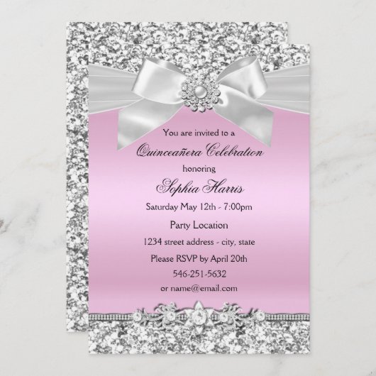 Invitation Parties scintillant rose argent Bijou Bow Quincean (Devant / Derrière)