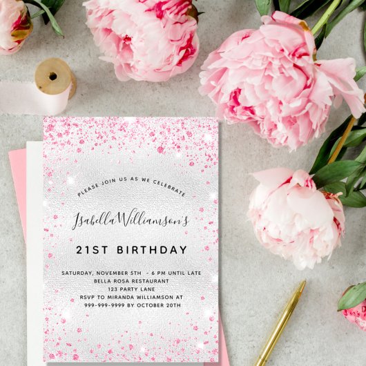 Invitation Parties scintillant rose argent d'anniversaire sci