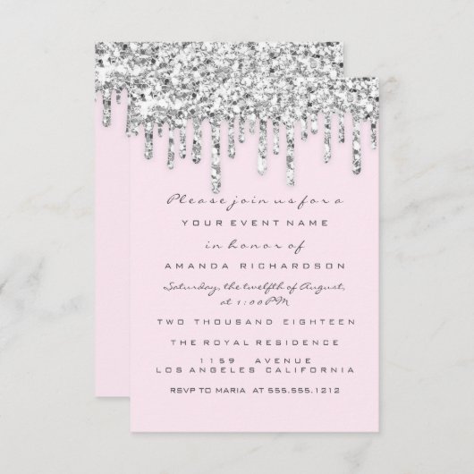 Invitation Parties scintillant rose argent gris effet gouttes (Devant / Derrière)
