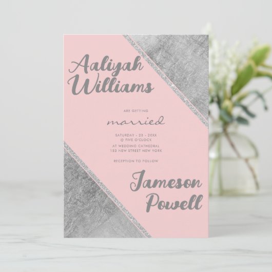 Invitation Parties scintillant rose argent script calligraphi (Debout devant)