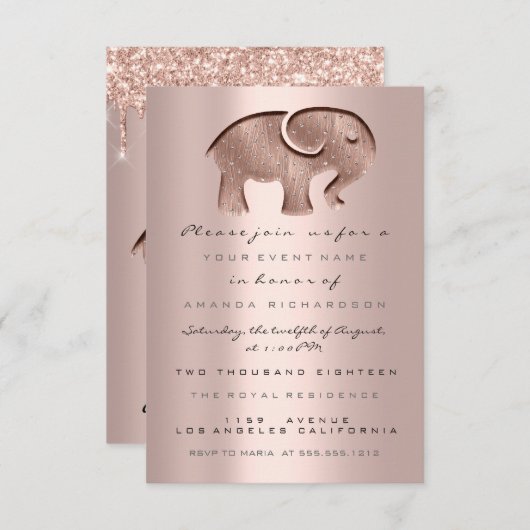 Invitation Parties scintillant  Rose Baby shower Elephant Nou (Devant / Derrière)