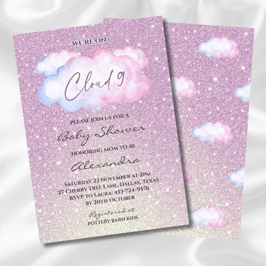 Invitation Parties scintillant rose Baby shower nuage