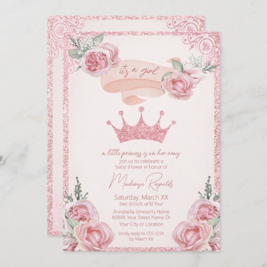 Invitation Parties scintillant rose Baby shower Tiara Princes (Devant / Derrière)