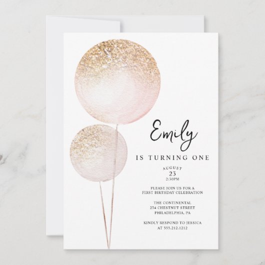 Invitation Parties scintillant rose Ballons Fille Première fê (Devant)