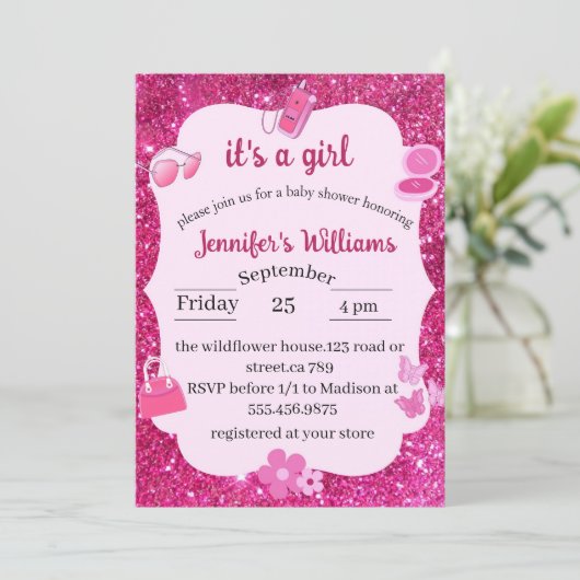 Invitation Parties scintillant rose bébé douche (Debout devant)