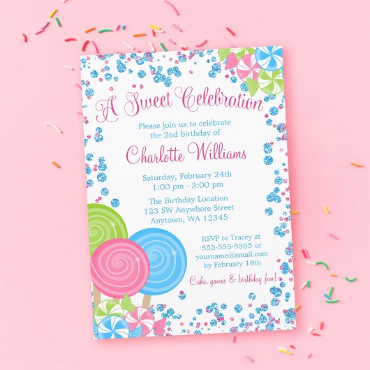 Invitation Parties scintillant rose Bleu Faux Candy Anniversa
