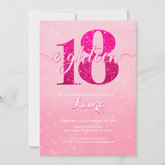 Invitation Parties scintillant rose Bliss 18e anniversaire (Devant)