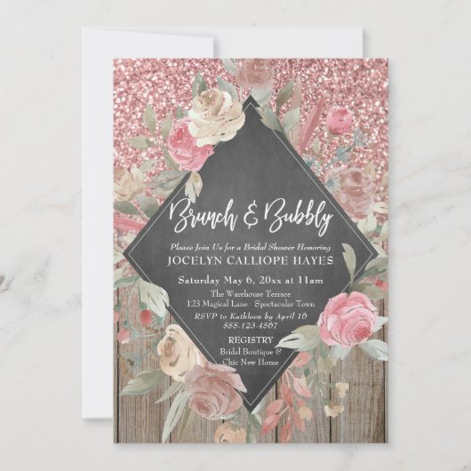Invitation Parties scintillant rose Bois Floral Chalkboard Br (Devant)