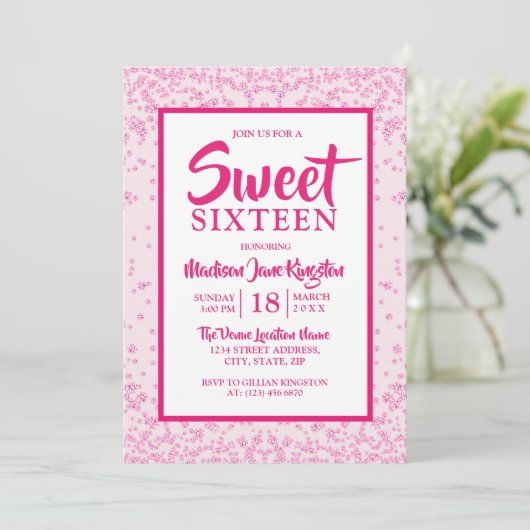 Invitation Parties scintillant rose Bordure fille douce 16 In (Debout devant)