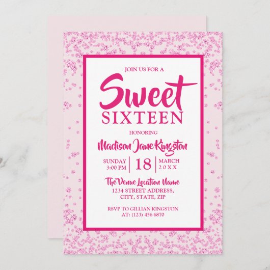 Invitation Parties scintillant rose Bordure fille douce 16 In (Devant / Derrière)