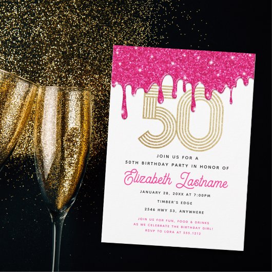 Invitation Parties scintillant rose branchée 50e anniversaire