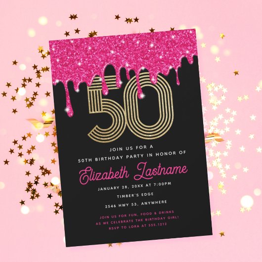 Invitation Parties scintillant rose branchée 50e anniversaire