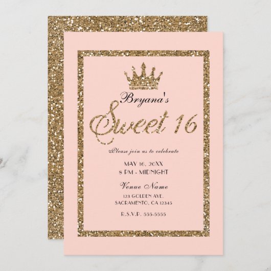 Invitation Parties scintillant rose brillant or doux 16 Princ (Devant / Derrière)
