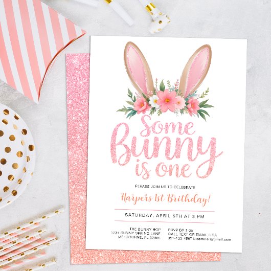 Invitation Parties scintillant rose Bunny Floral Premier anni