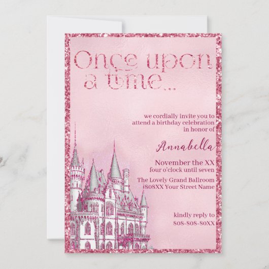 Invitation Parties scintillant Rose Château Fairy Tale Thème (Devant)