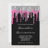 Invitation Parties scintillant rose chaud argent gouttes noir (Devant)