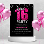 Invitation Parties scintillant rose chaud éclabousser SWEET S<br><div class="desc">Jeter un parti sweet sixteen ? Besoin d'idées ? Obtenez ces modèles personnalisés modernes et tendance pour vous do-it-yourself facilement. Noir et rose chaud avec fausse feuille argent et parties scintillant.Abordable mais pas bon marché look. Personnalisez ces invitations pour votre prochaine douce fête 16.</div>